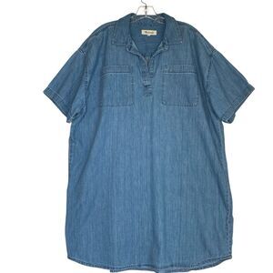 Madewell Mini Dress 2XL Chambray Blue Cotton Hemp Short Sleeve Popover Casual